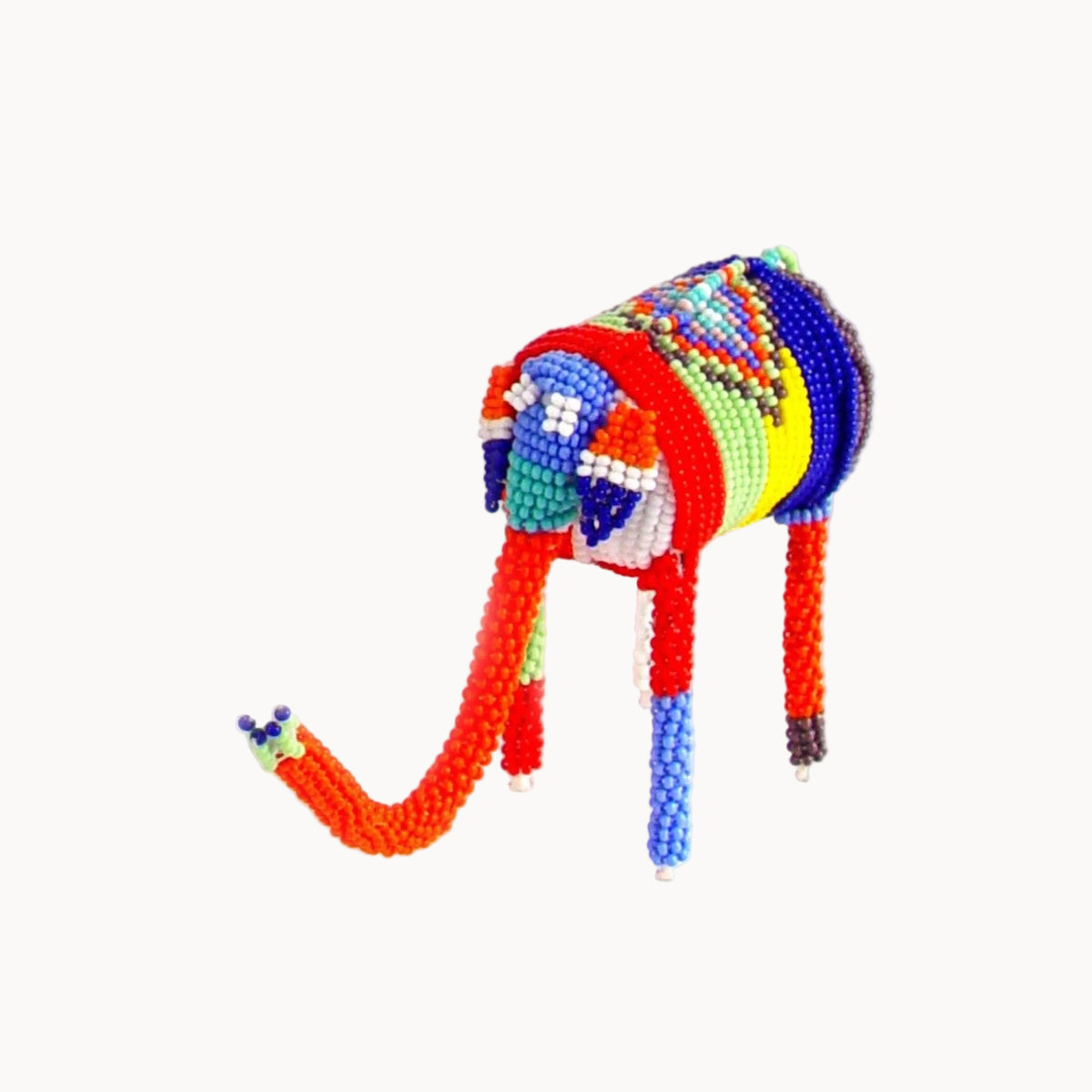 Colorful beaded animal figure on a white background