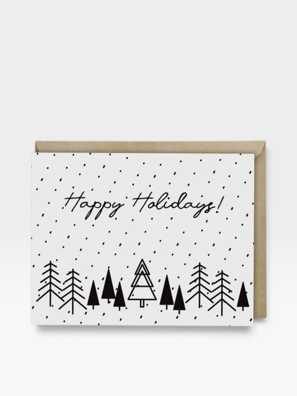 Greeting card with 'Happy Holidays!' text and tree illustrations on a light blue background