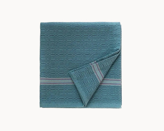 Teal=colored textured kitchen towel with a striped pattern on a white background
