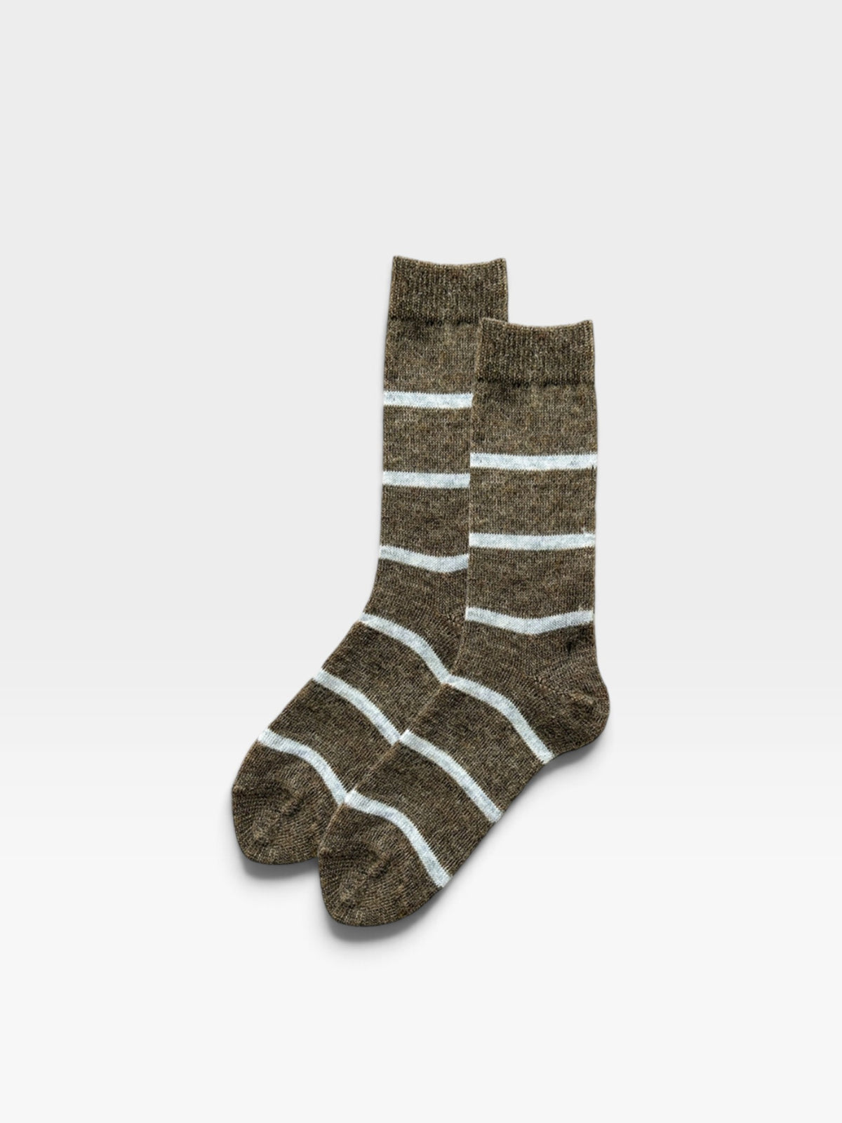 Pair of men's olive mohair wool socks with a white stripe design set against a white background