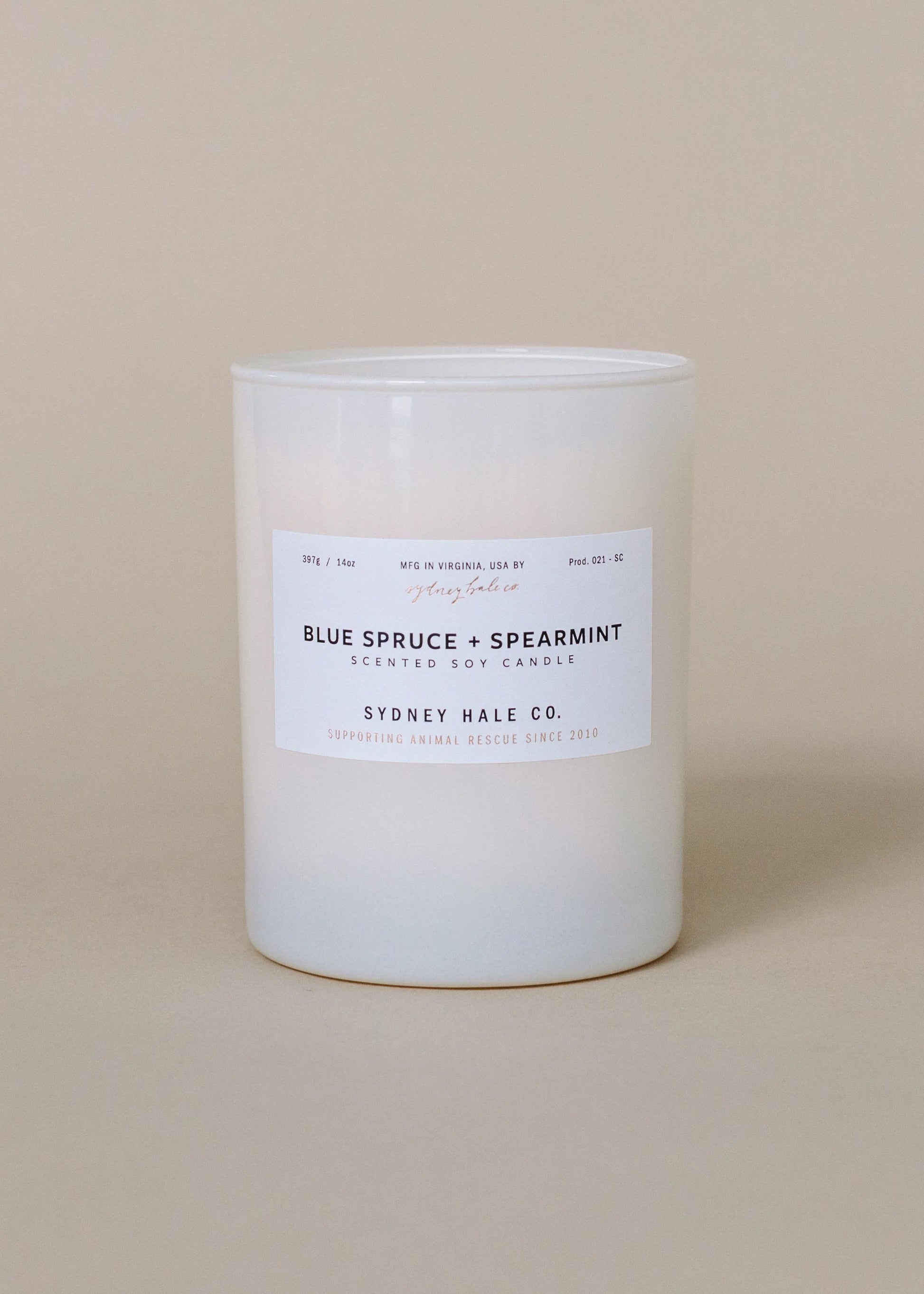 Sydney Hale Blue Spruce and Spearmint candle on a beige background