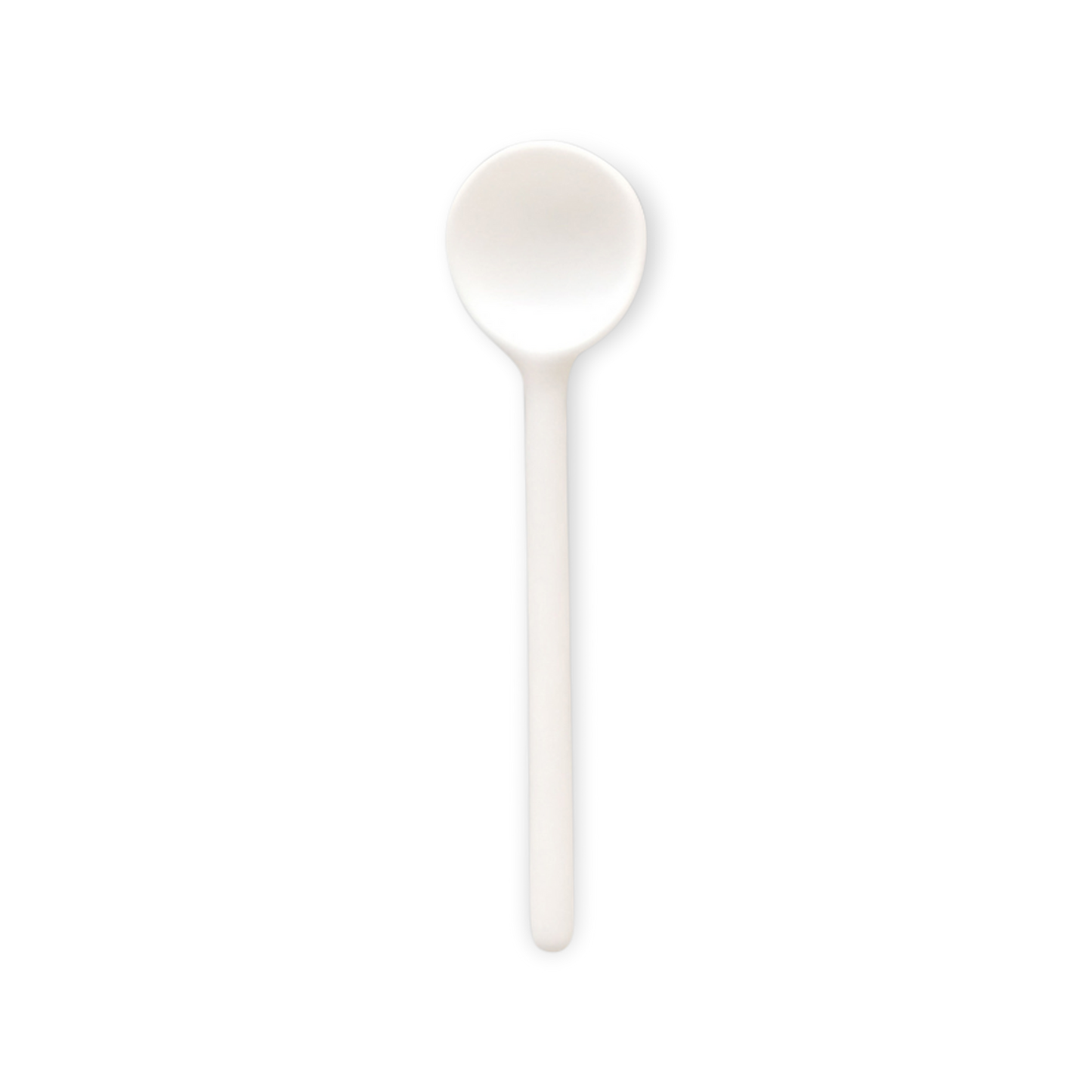 A white small serving spoon with a smooth, round head and a sleek handle.