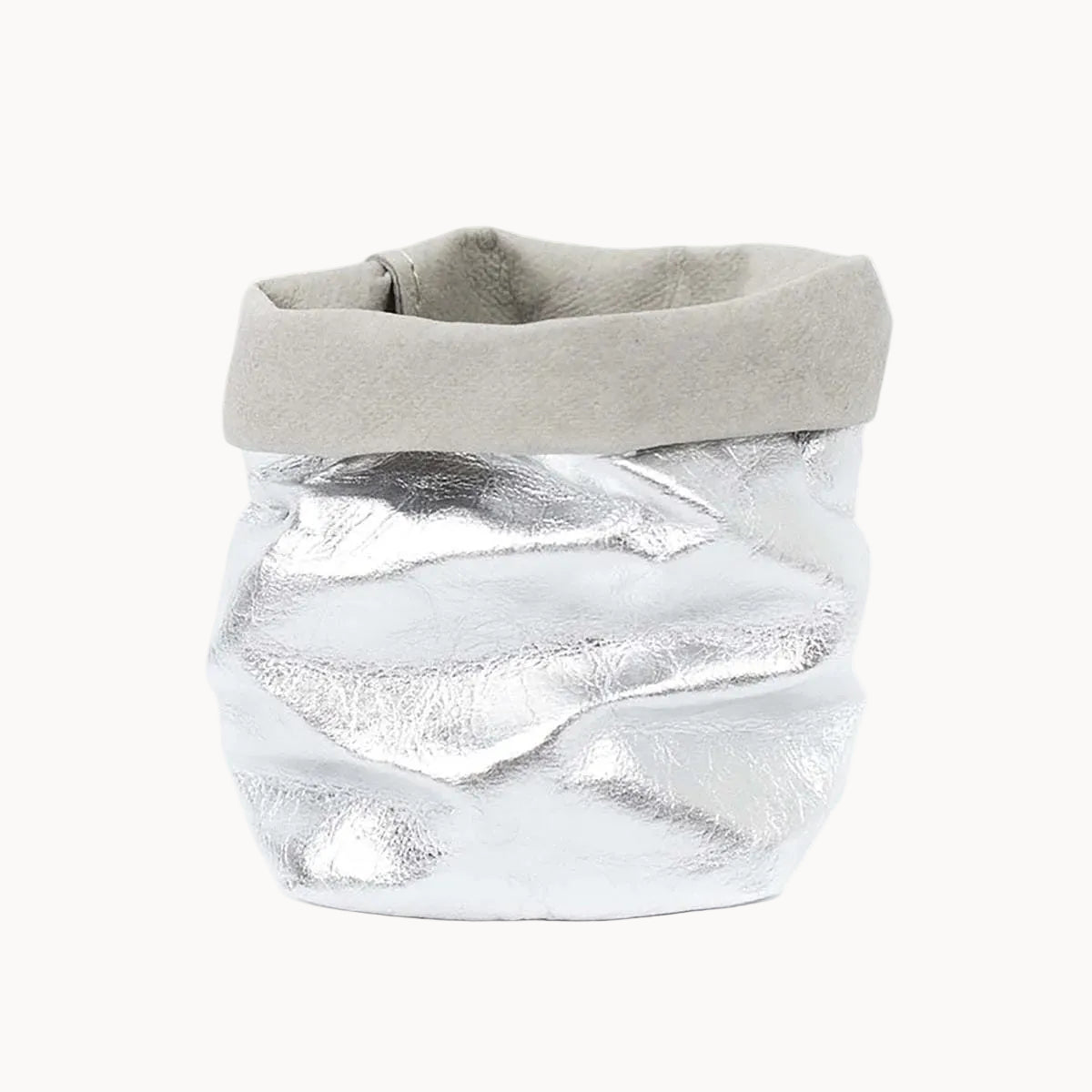 Silver textured vase with a gray fabric lid on a white background