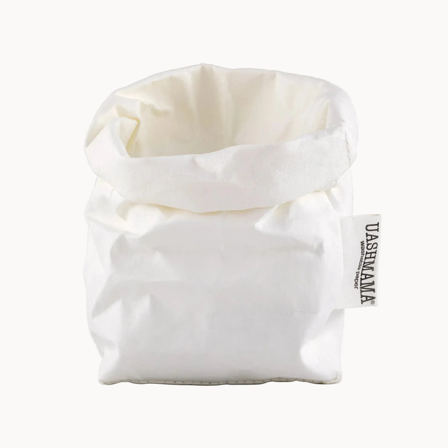 White fabric pouch with a visible brand label on a white background