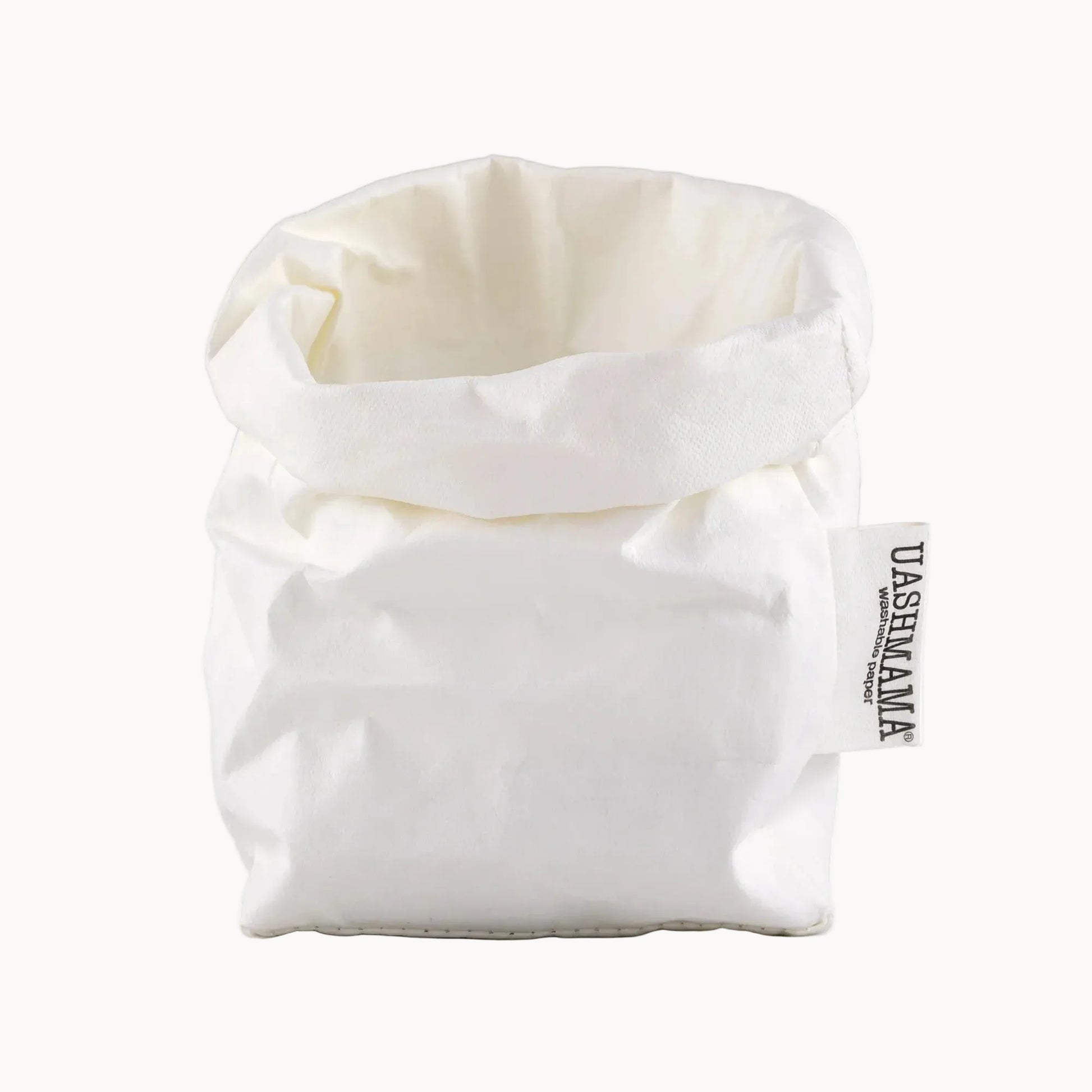White fabric pouch with a visible brand label on a white background