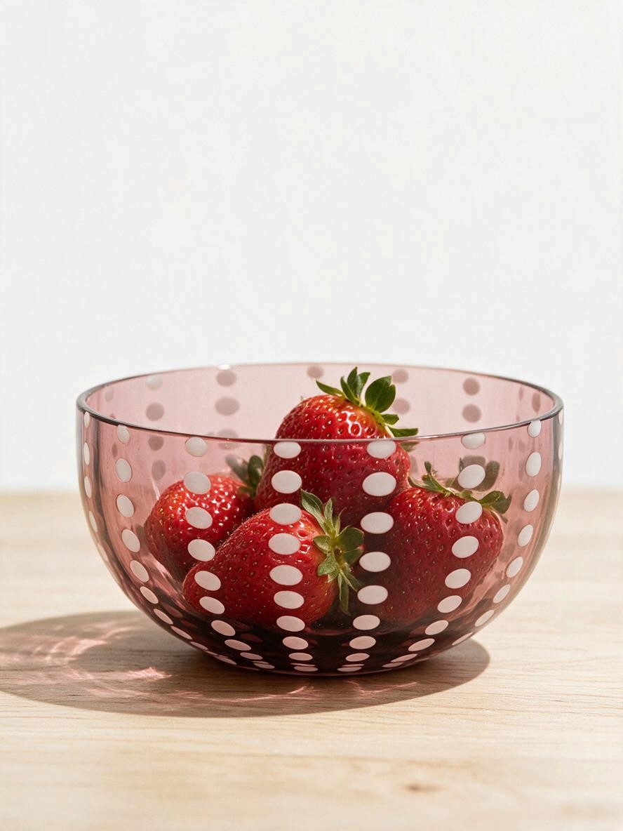An amethyst-colored translucent glass bowl with white polka dots, filled with fresh red strawberries, set on a light wooden surface against a white background.