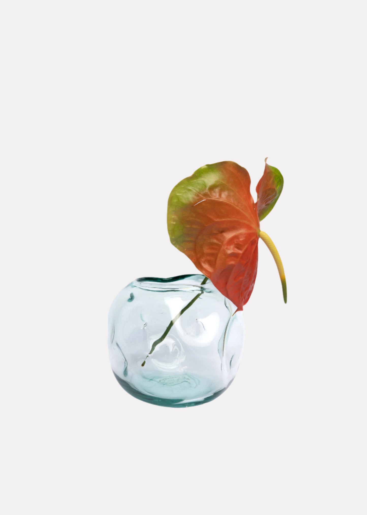 A clear glass vase with an irregular, round shape, displayed with a single flower inside it.