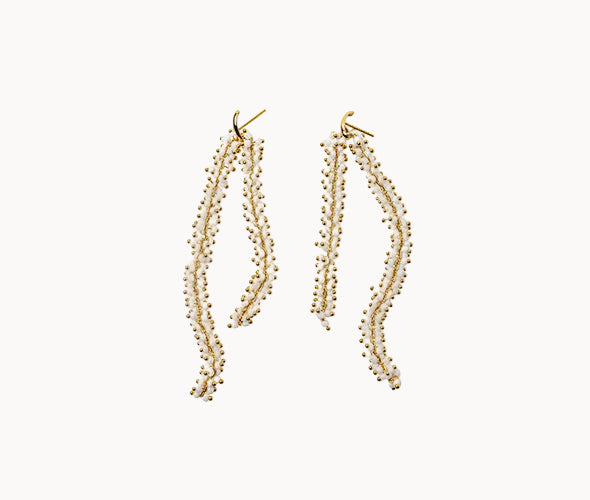 Pair of earrings with two strands of white crystal beads on a white background 