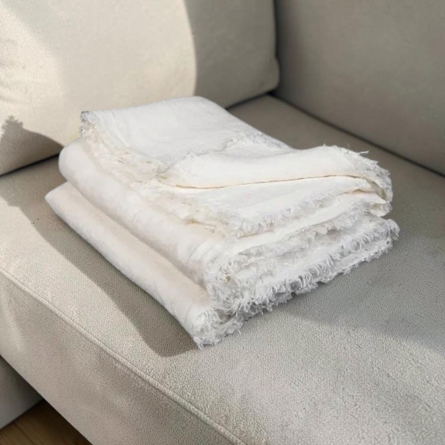 Washed Linen Fringed Throw | Blanc