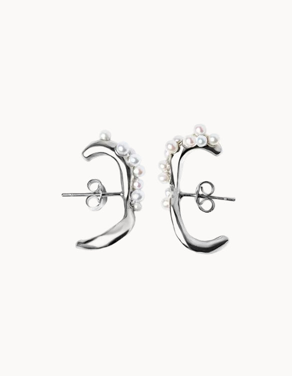 Pearled Wave Silver Earrings
