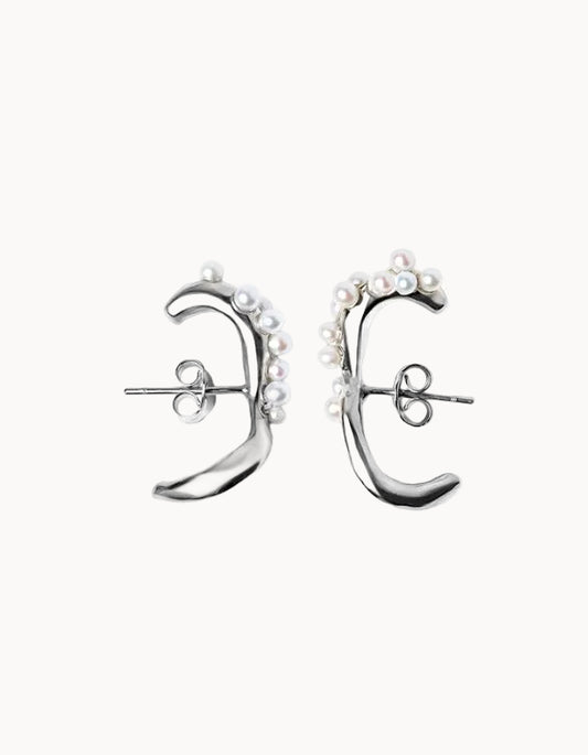 Pearled Wave Silver Earrings