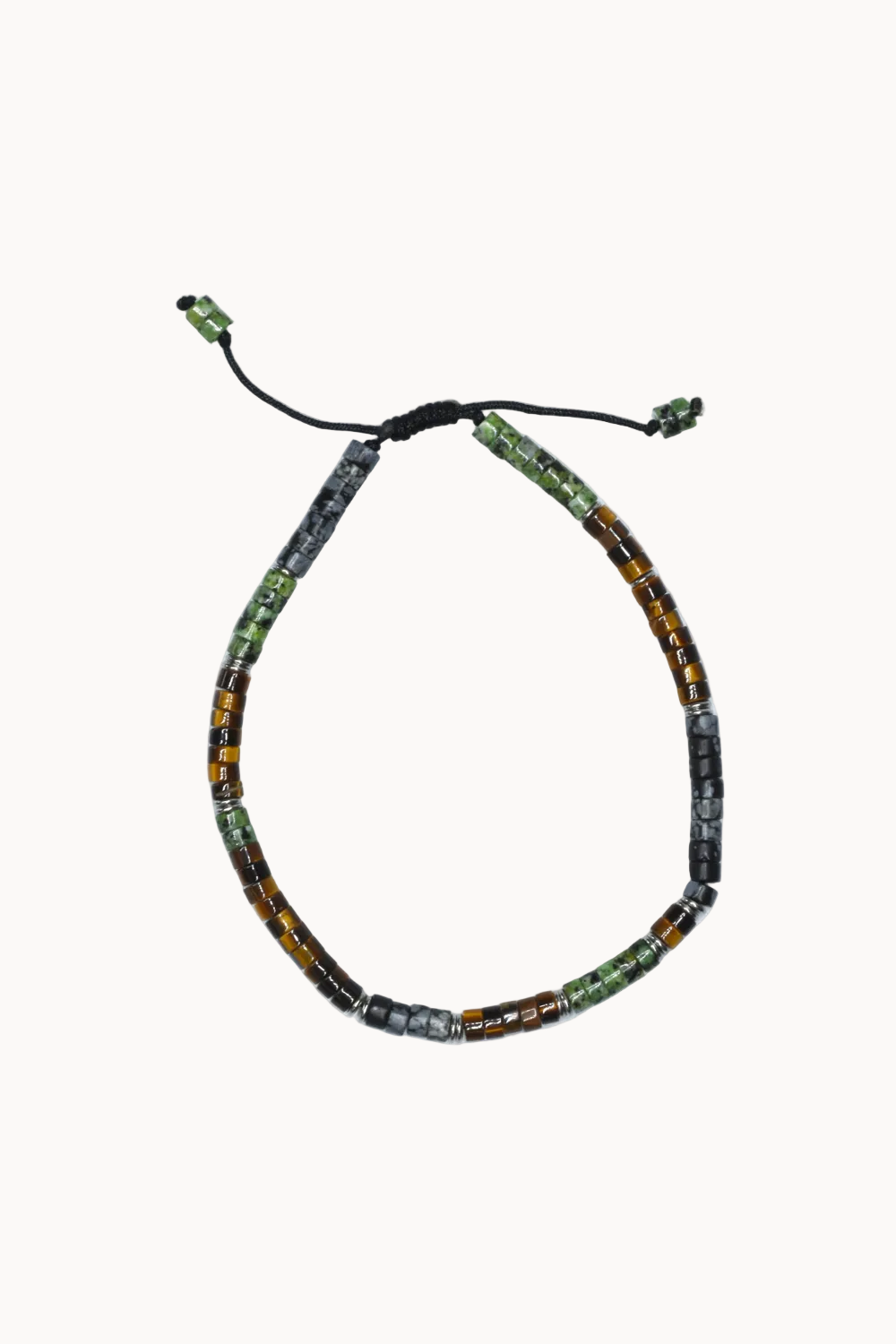 A beaded adjustable cord bracelet featuring alternating strands of dark gray, olive green, and amber-brown translucent beads, displayed on a light gray background.