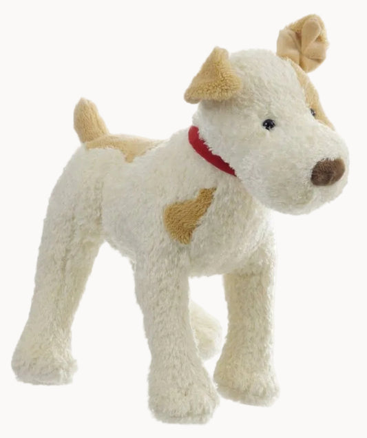 Plush toy dog with a red collar on a white background