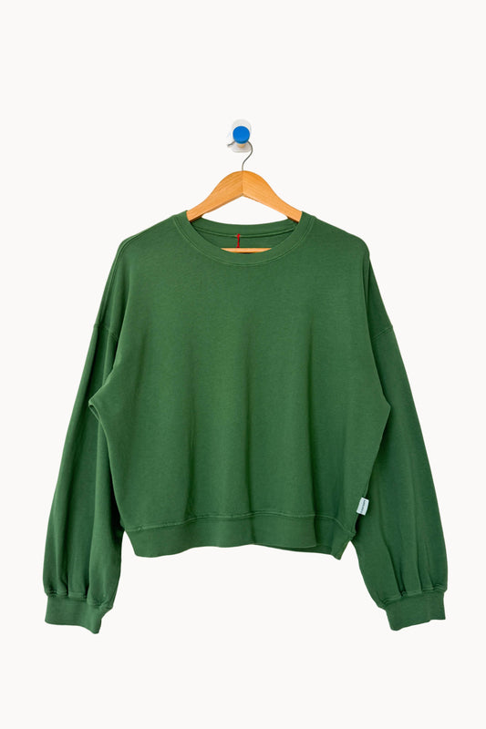 Green sweatshirt on a wooden hanger against a white background