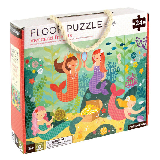 Floor puzzle packaging with mermaid illustrations on a white background