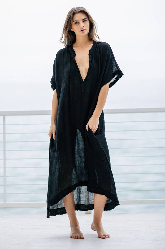 Tunisia Short-Sleeved Caftan | Black (OS)
