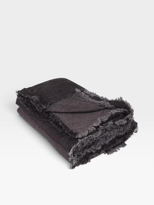 Washed Linen Fringed Throw | Charbon & Anthracite