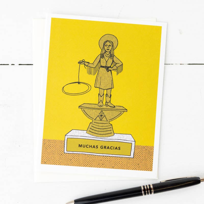 Greeting card with an illustration of a girl standing on a stack of books, with a yellow background and the text 'MUCHAS GRACIAS' at the bottom.